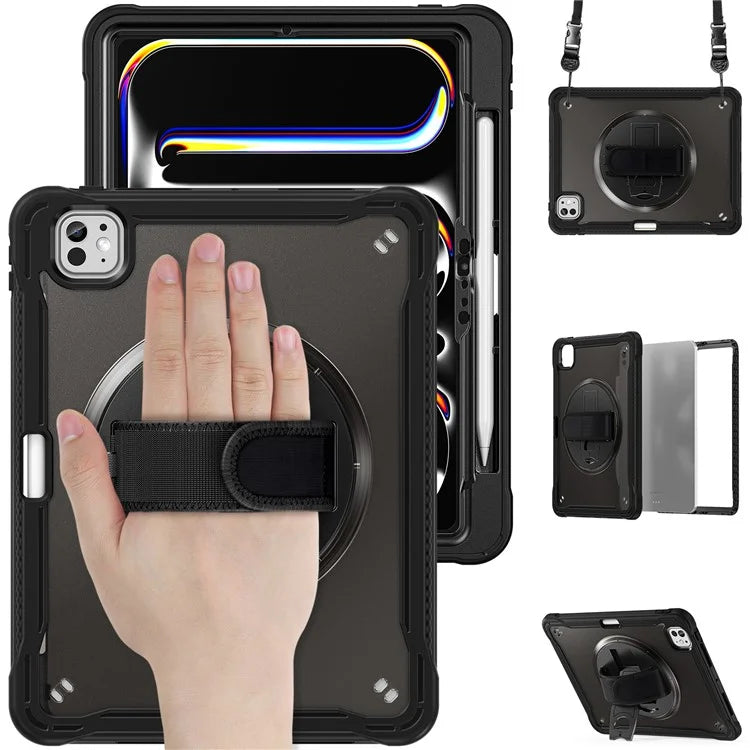 For iPad Pro 11 (2024) Case Hand Strap Kickstand PC+TPU+Silicone Cover with Shoulder Strap