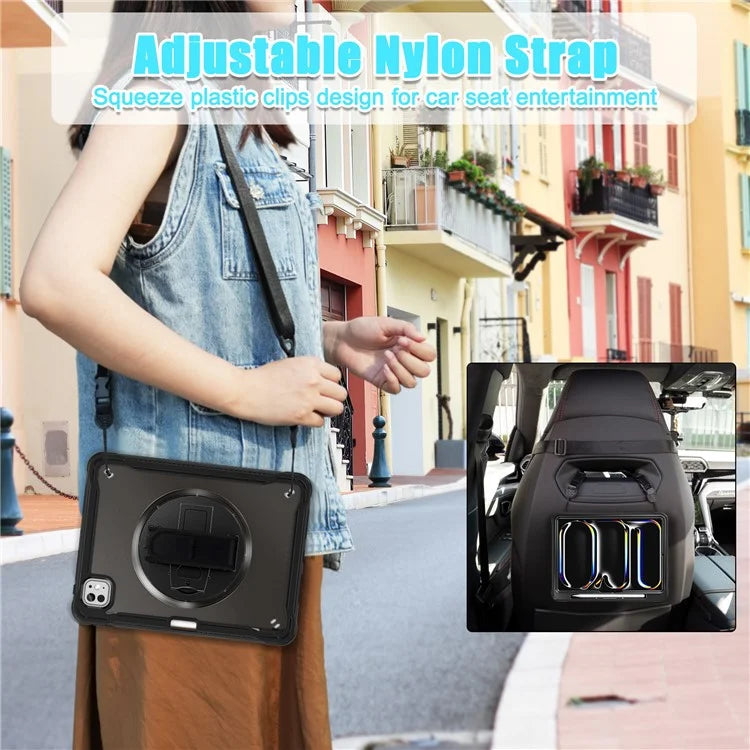 For iPad Pro 11 (2024) Case Hand Strap Kickstand PC+TPU+Silicone Cover with Shoulder Strap