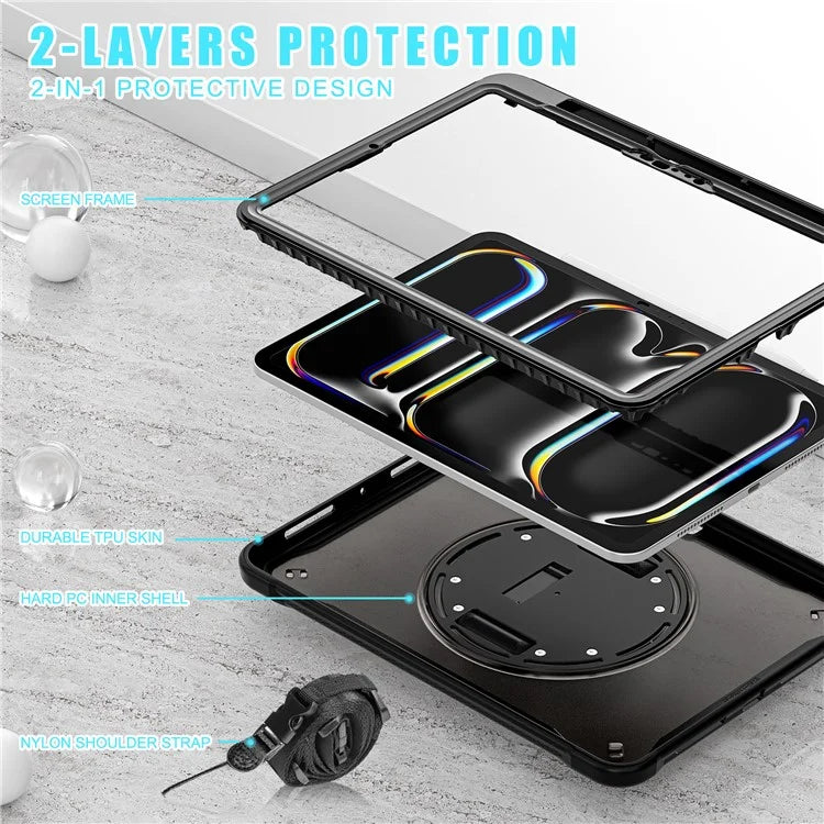 For iPad Pro 11 (2024) Case Hand Strap Kickstand PC+TPU+Silicone Cover with Shoulder Strap