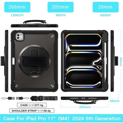 For iPad Pro 11 (2024) Case Hand Strap Kickstand PC+TPU+Silicone Cover with Shoulder Strap