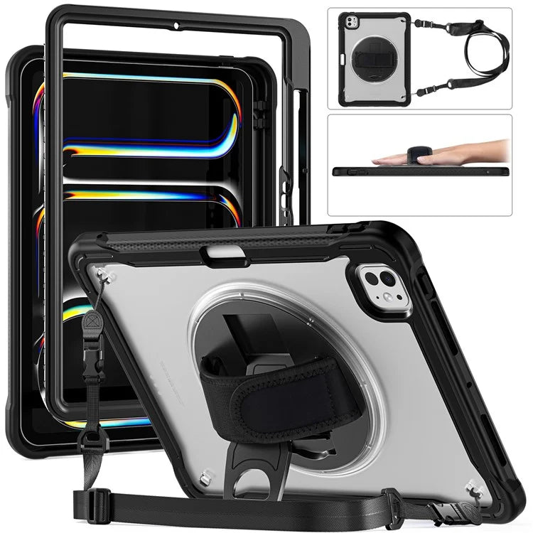 For iPad Pro 11 (2024) Case Hand Strap Kickstand PC+TPU+Silicone Cover with Shoulder Strap