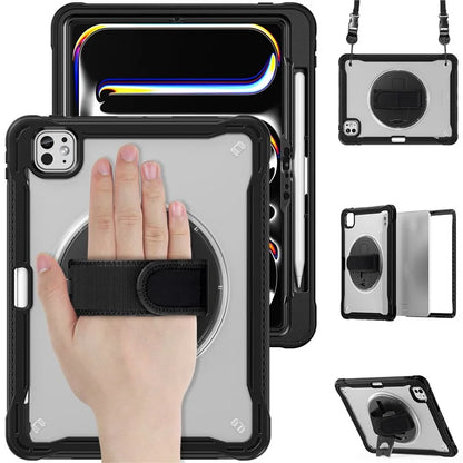 For iPad Pro 11 (2024) Case Hand Strap Kickstand PC+TPU+Silicone Cover with Shoulder Strap