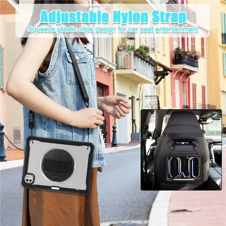 For iPad Pro 11 (2024) Case Hand Strap Kickstand PC+TPU+Silicone Cover with Shoulder Strap
