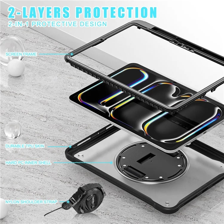 For iPad Pro 11 (2024) Case Hand Strap Kickstand PC+TPU+Silicone Cover with Shoulder Strap