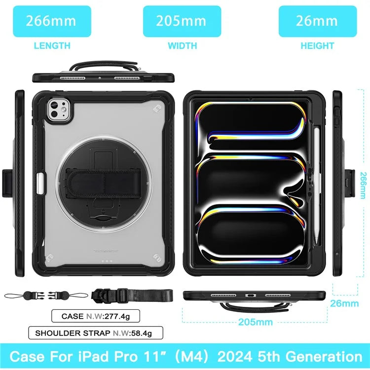 For iPad Pro 11 (2024) Case Hand Strap Kickstand PC+TPU+Silicone Cover with Shoulder Strap