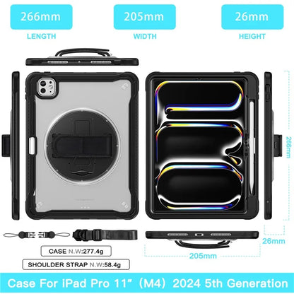 For iPad Pro 11 (2024) Case Hand Strap Kickstand PC+TPU+Silicone Cover with Shoulder Strap