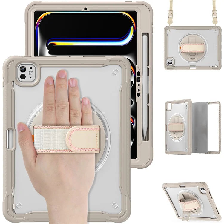 For iPad Pro 11 (2024) Case Hand Strap Kickstand PC+TPU+Silicone Cover with Shoulder Strap