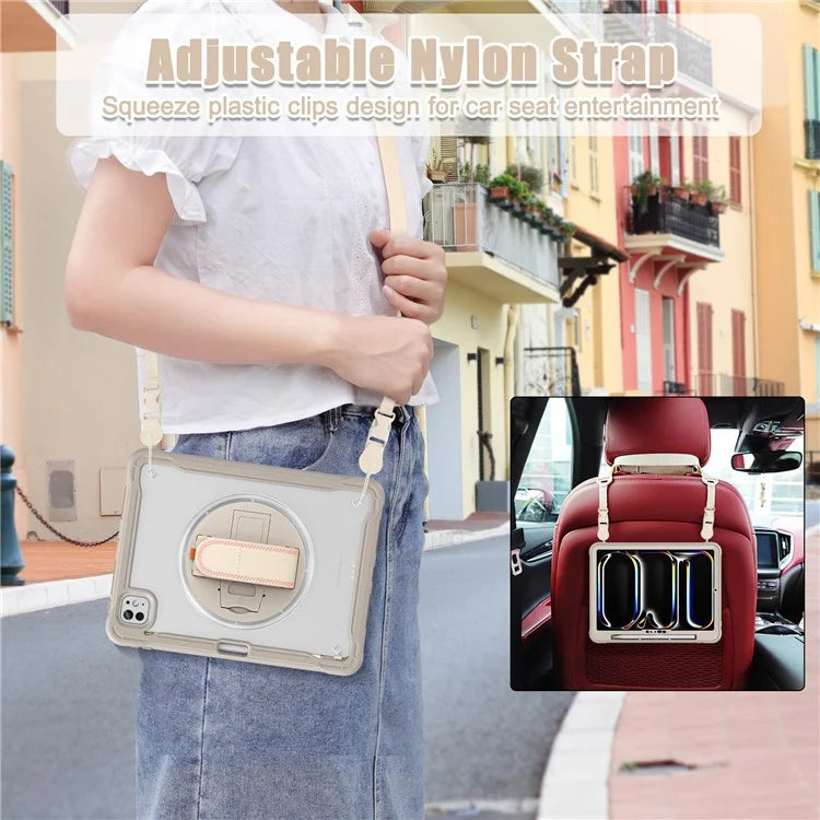 For iPad Pro 11 (2024) Case Hand Strap Kickstand PC+TPU+Silicone Cover with Shoulder Strap