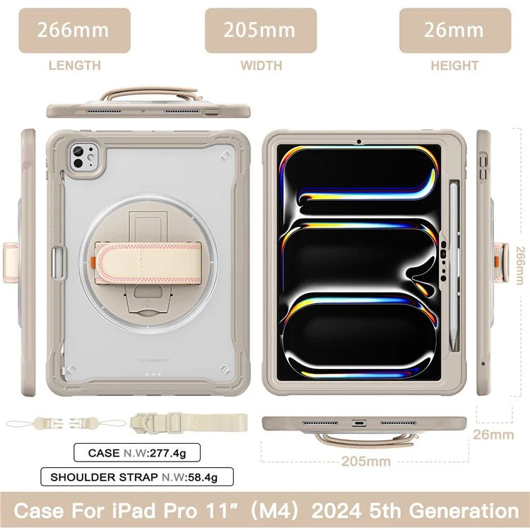 For iPad Pro 11 (2024) Case Hand Strap Kickstand PC+TPU+Silicone Cover with Shoulder Strap