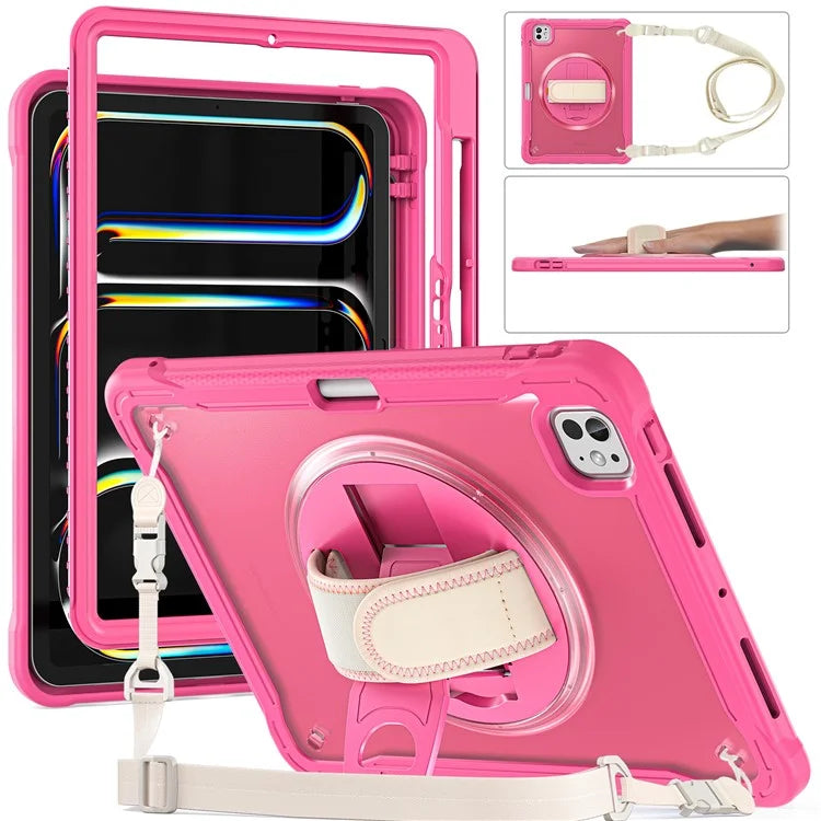 For iPad Pro 11 (2024) Case Hand Strap Kickstand PC+TPU+Silicone Cover with Shoulder Strap