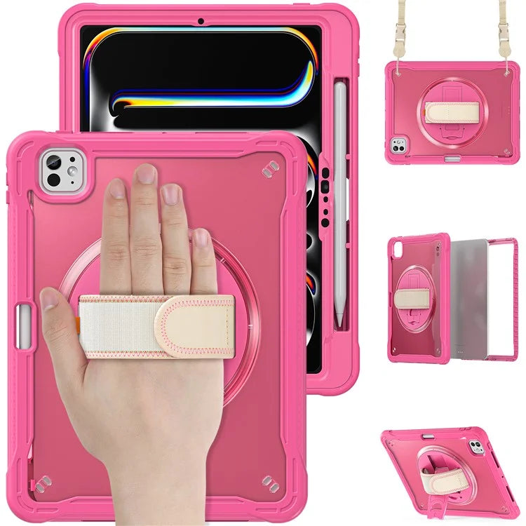 For iPad Pro 11 (2024) Case Hand Strap Kickstand PC+TPU+Silicone Cover with Shoulder Strap