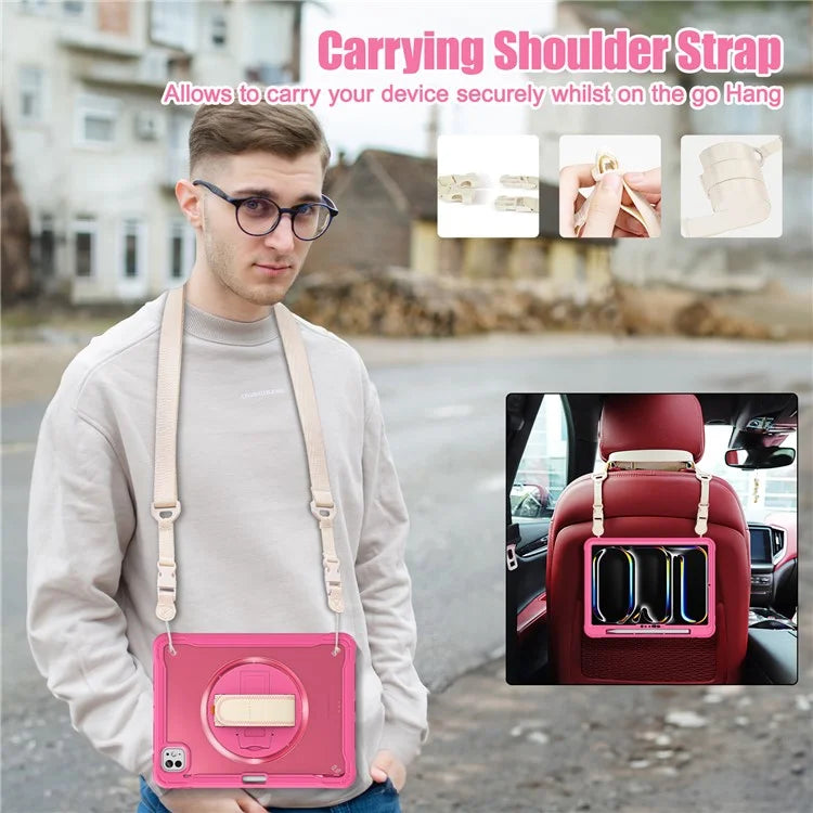 For iPad Pro 11 (2024) Case Hand Strap Kickstand PC+TPU+Silicone Cover with Shoulder Strap