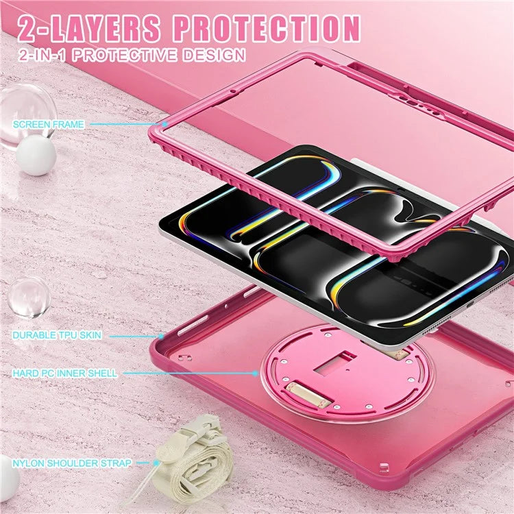 For iPad Pro 11 (2024) Case Hand Strap Kickstand PC+TPU+Silicone Cover with Shoulder Strap