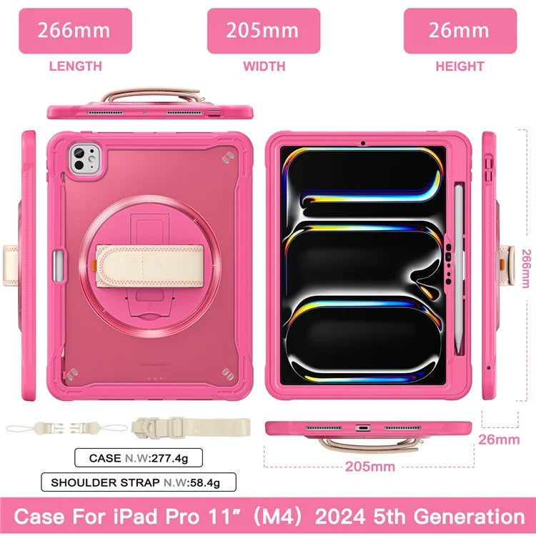 For iPad Pro 11 (2024) Case Hand Strap Kickstand PC+TPU+Silicone Cover with Shoulder Strap