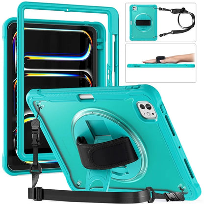 For iPad Pro 11 (2024) Case Hand Strap Kickstand PC+TPU+Silicone Cover with Shoulder Strap