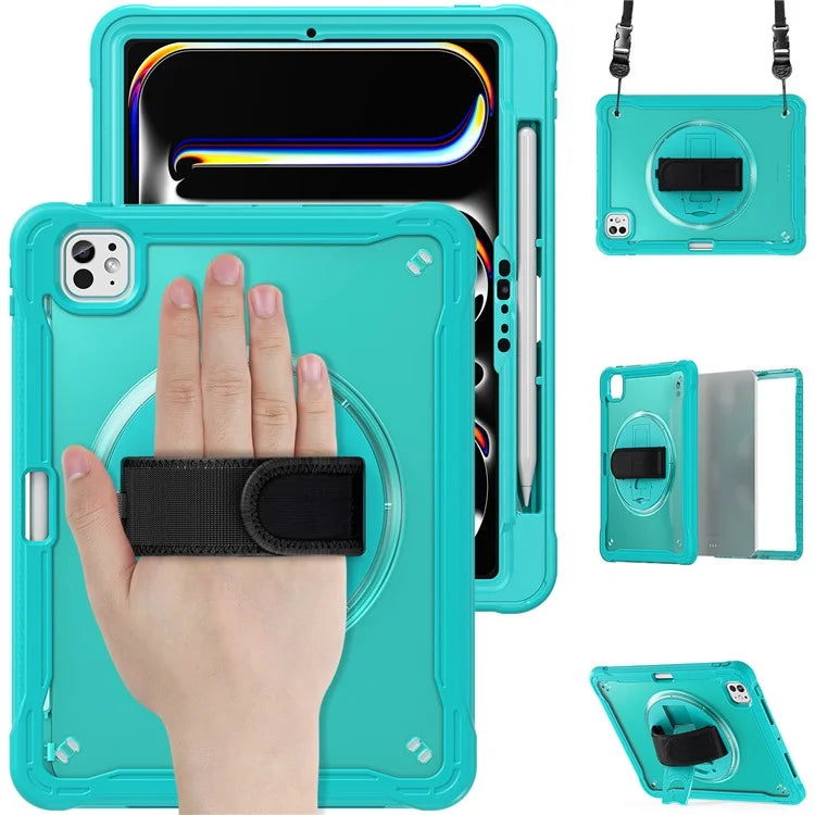 For iPad Pro 11 (2024) Case Hand Strap Kickstand PC+TPU+Silicone Cover with Shoulder Strap