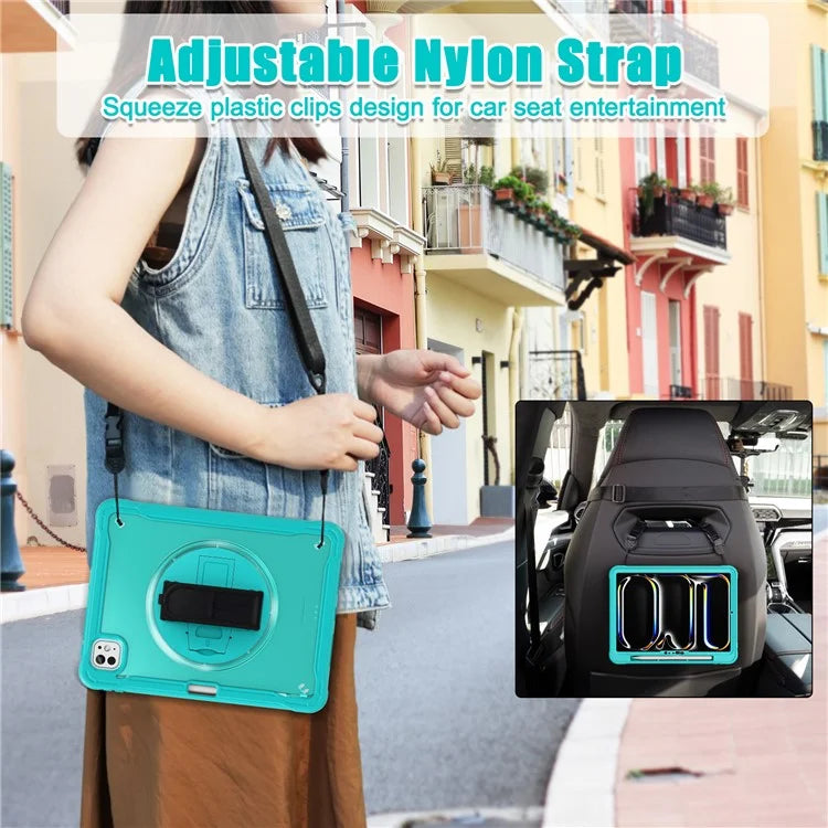 For iPad Pro 11 (2024) Case Hand Strap Kickstand PC+TPU+Silicone Cover with Shoulder Strap
