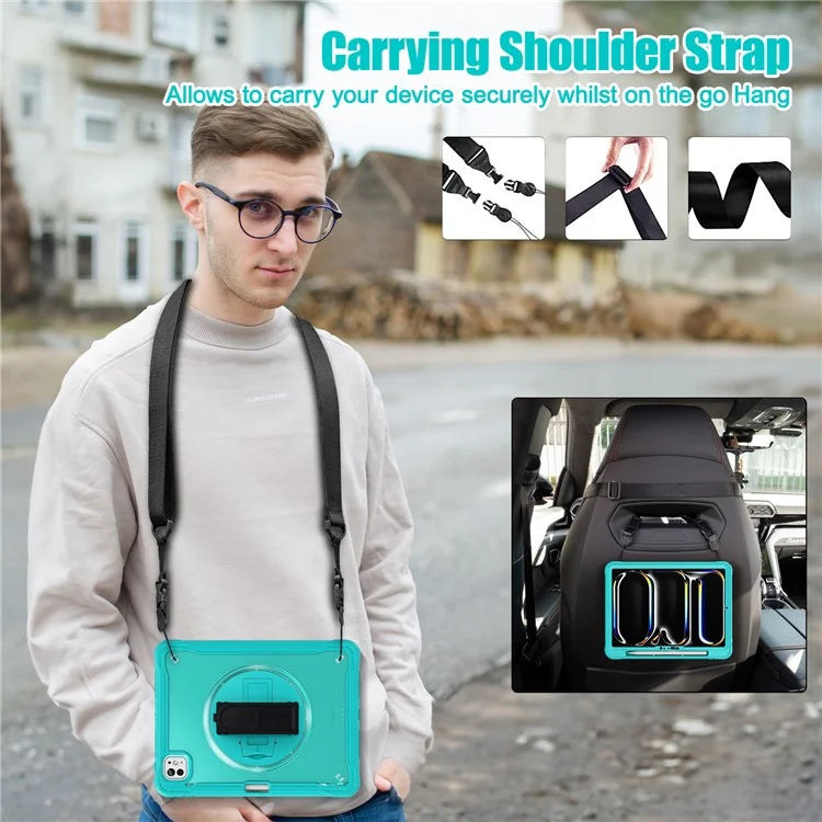 For iPad Pro 11 (2024) Case Hand Strap Kickstand PC+TPU+Silicone Cover with Shoulder Strap