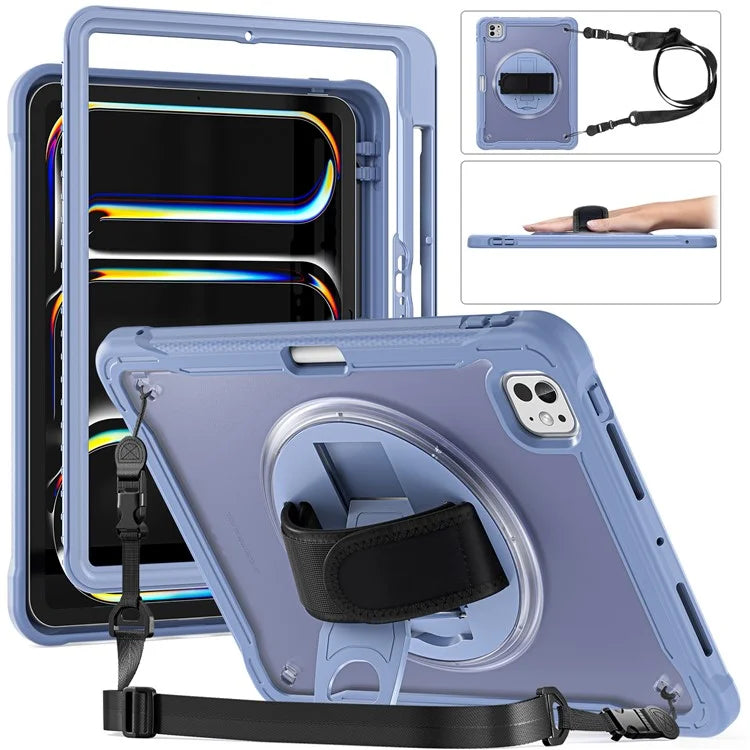 For iPad Pro 11 (2024) Case Hand Strap Kickstand PC+TPU+Silicone Cover with Shoulder Strap