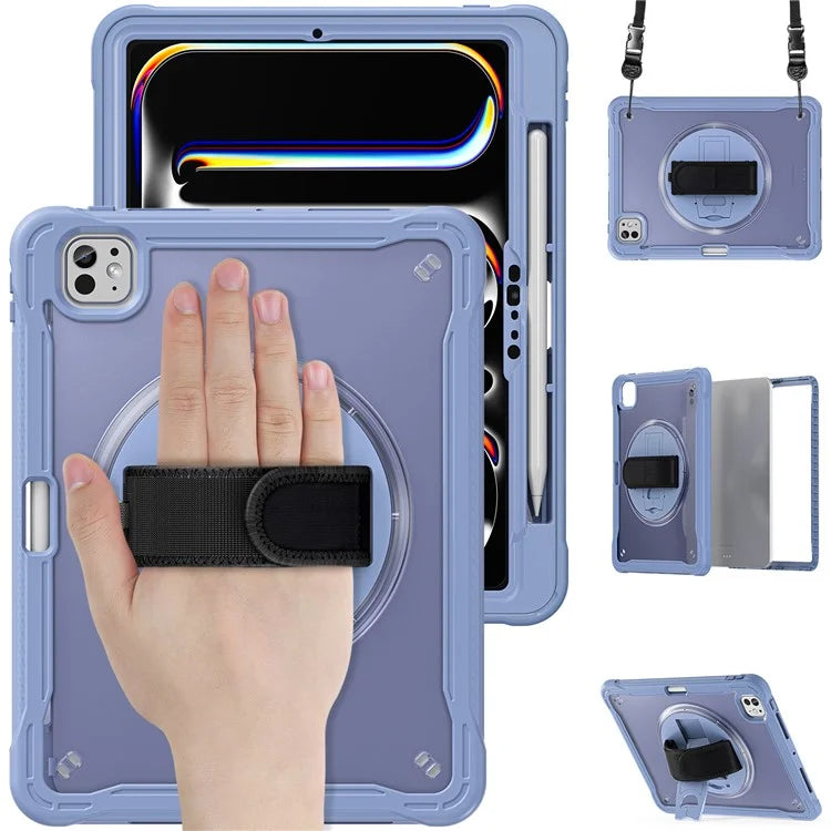 For iPad Pro 11 (2024) Case Hand Strap Kickstand PC+TPU+Silicone Cover with Shoulder Strap