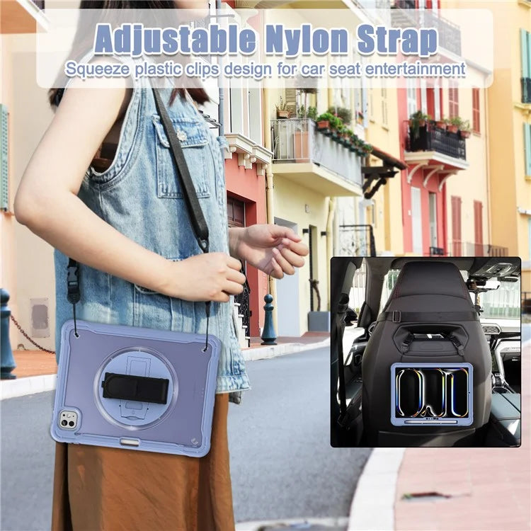 For iPad Pro 11 (2024) Case Hand Strap Kickstand PC+TPU+Silicone Cover with Shoulder Strap