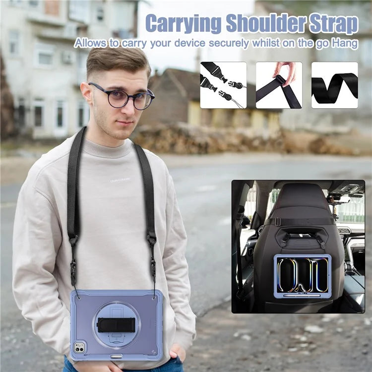 For iPad Pro 11 (2024) Case Hand Strap Kickstand PC+TPU+Silicone Cover with Shoulder Strap