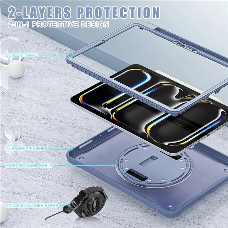 For iPad Pro 11 (2024) Case Hand Strap Kickstand PC+TPU+Silicone Cover with Shoulder Strap