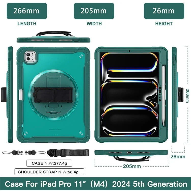 For iPad Pro 11 (2024) Case Hand Strap Kickstand PC+TPU+Silicone Cover with Shoulder Strap