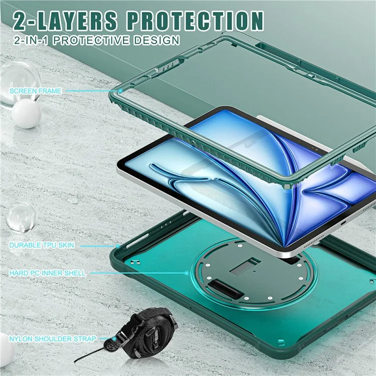 For iPad Air 11 (2024) / Air (2022) / (2020) / iPad Pro 11 (2022) / (2021) / (2020) / (2018) Case Kickstand Cover with Shoulder Strap