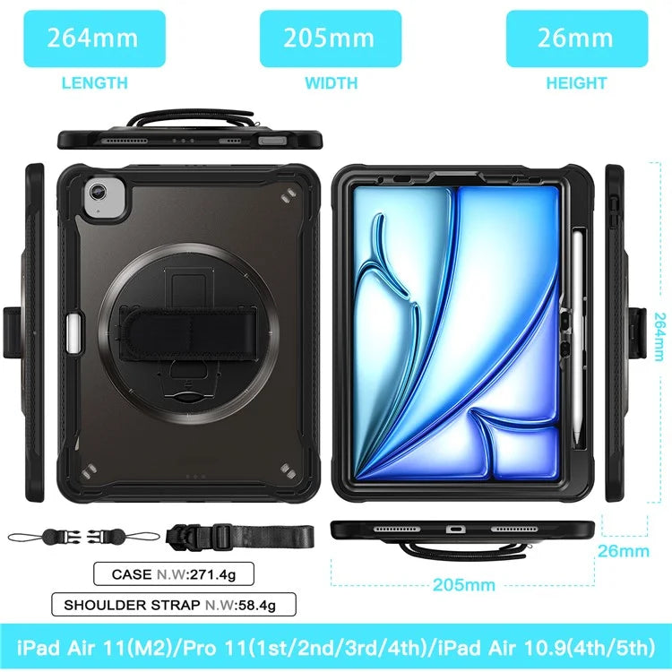 For iPad Air 11 (2024) / Air (2022) / (2020) / iPad Pro 11 (2022) / (2021) / (2020) / (2018) Case Kickstand Cover with Shoulder Strap