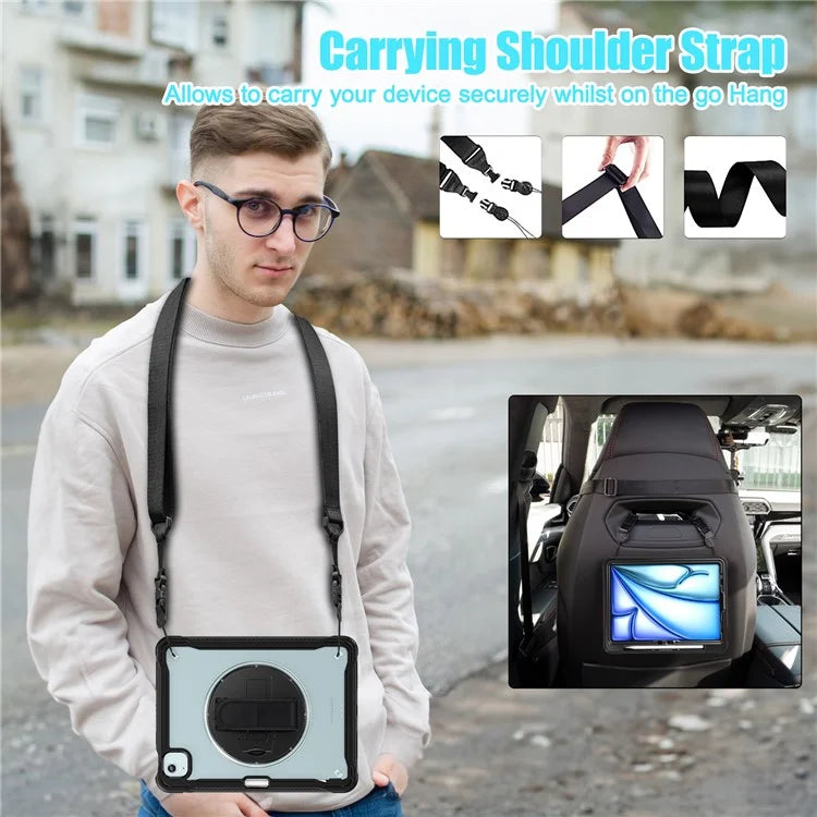 For iPad Air 11 (2024) / Air (2022) / (2020) / iPad Pro 11 (2022) / (2021) / (2020) / (2018) Case Kickstand Cover with Shoulder Strap