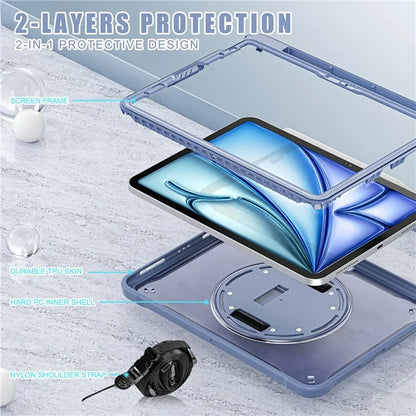 For iPad Air 11 (2024) / Air (2022) / (2020) / iPad Pro 11 (2022) / (2021) / (2020) / (2018) Case Kickstand Cover with Shoulder Strap