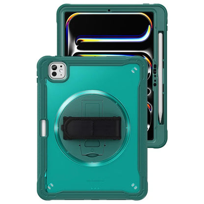 For iPad Pro 11 (2024) Case Kickstand PC+TPU+Silicone Tablet Cover with Rotary Hand Strap