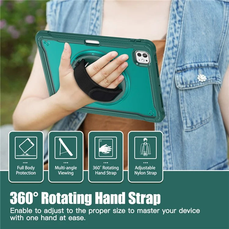 For iPad Pro 11 (2024) Case Kickstand PC+TPU+Silicone Tablet Cover with Rotary Hand Strap