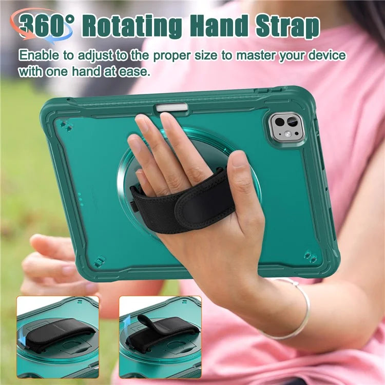 For iPad Pro 11 (2024) Case Kickstand PC+TPU+Silicone Tablet Cover with Rotary Hand Strap