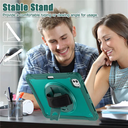 For iPad Pro 11 (2024) Case Kickstand PC+TPU+Silicone Tablet Cover with Rotary Hand Strap