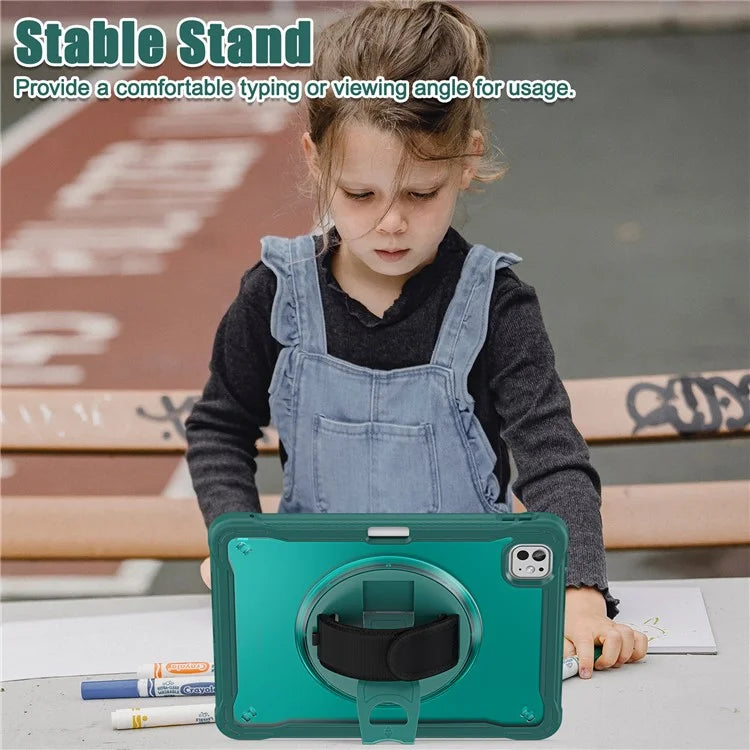 For iPad Pro 11 (2024) Case Kickstand PC+TPU+Silicone Tablet Cover with Rotary Hand Strap