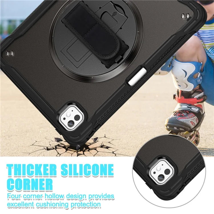 For iPad Pro 11 (2024) Case Kickstand PC+TPU+Silicone Tablet Cover with Rotary Hand Strap
