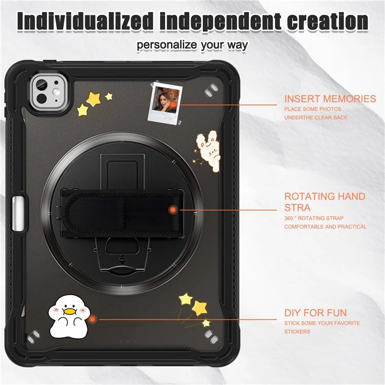 For iPad Pro 11 (2024) Case Kickstand PC+TPU+Silicone Tablet Cover with Rotary Hand Strap