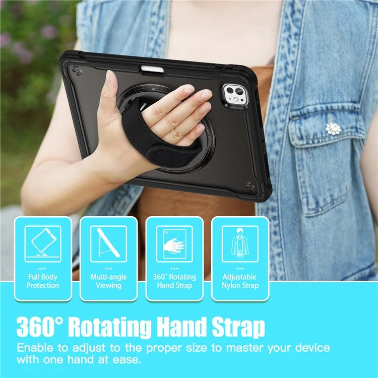 For iPad Pro 11 (2024) Case Kickstand PC+TPU+Silicone Tablet Cover with Rotary Hand Strap
