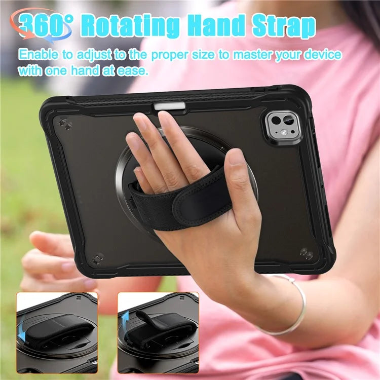 For iPad Pro 11 (2024) Case Kickstand PC+TPU+Silicone Tablet Cover with Rotary Hand Strap