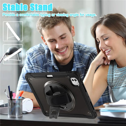 For iPad Pro 11 (2024) Case Kickstand PC+TPU+Silicone Tablet Cover with Rotary Hand Strap
