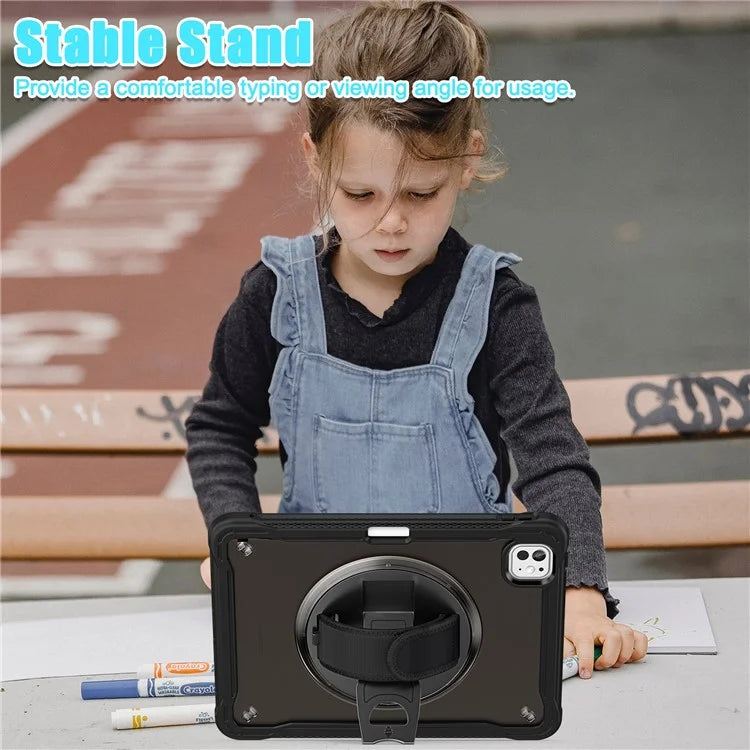 For iPad Pro 11 (2024) Case Kickstand PC+TPU+Silicone Tablet Cover with Rotary Hand Strap