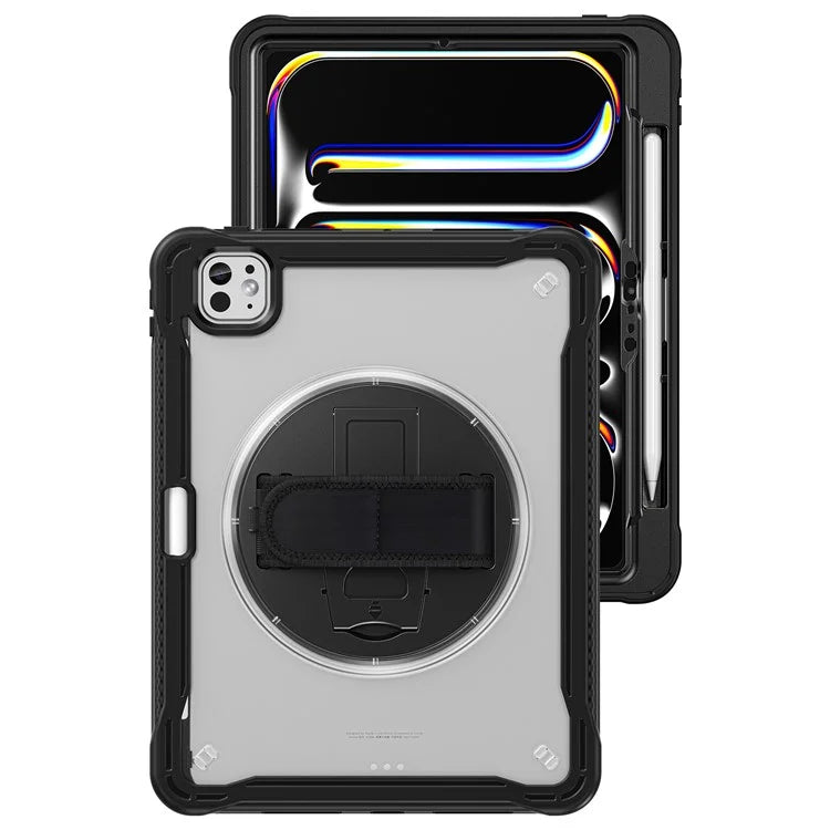 For iPad Pro 11 (2024) Case Kickstand PC+TPU+Silicone Tablet Cover with Rotary Hand Strap