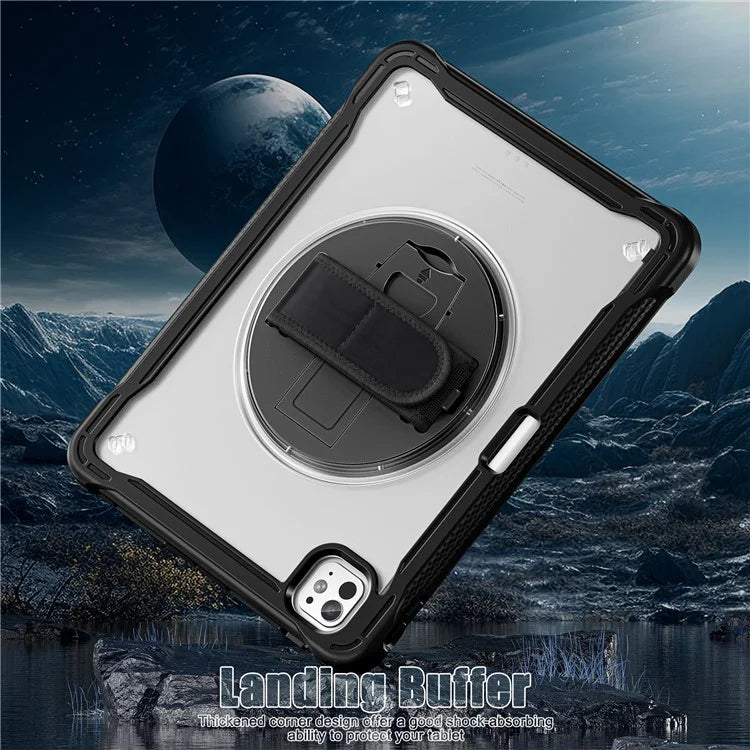For iPad Pro 11 (2024) Case Kickstand PC+TPU+Silicone Tablet Cover with Rotary Hand Strap