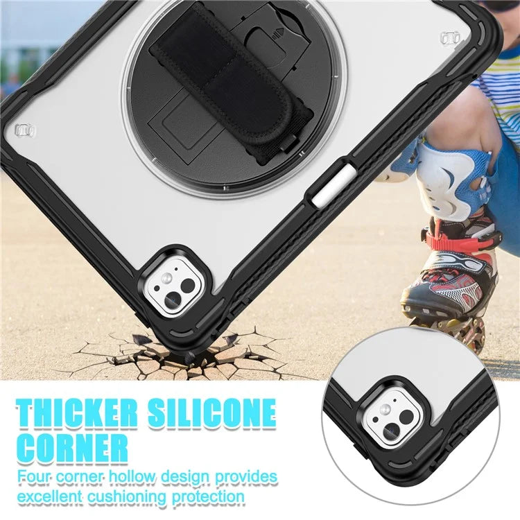 For iPad Pro 11 (2024) Case Kickstand PC+TPU+Silicone Tablet Cover with Rotary Hand Strap