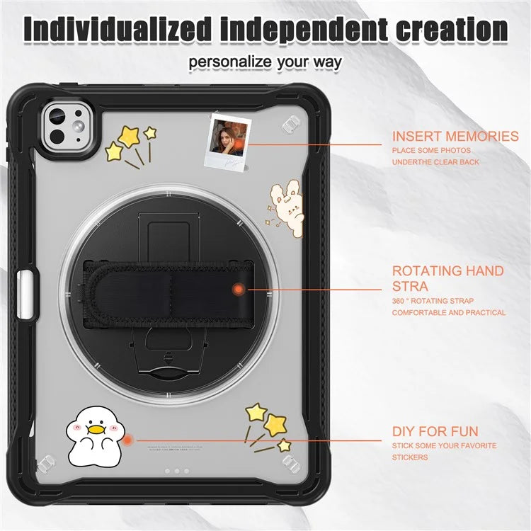 For iPad Pro 11 (2024) Case Kickstand PC+TPU+Silicone Tablet Cover with Rotary Hand Strap