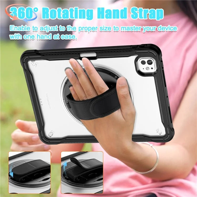 For iPad Pro 11 (2024) Case Kickstand PC+TPU+Silicone Tablet Cover with Rotary Hand Strap