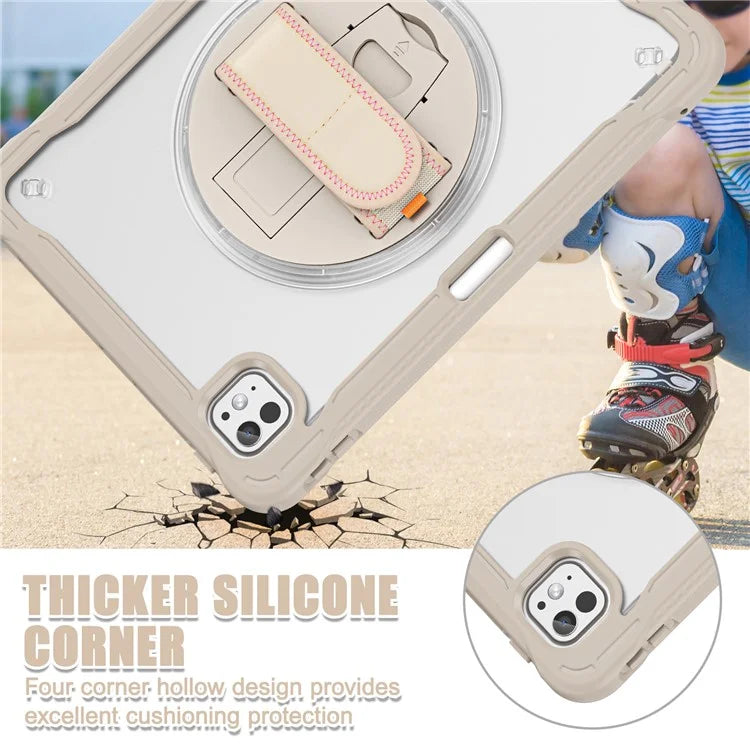 For iPad Pro 11 (2024) Case Kickstand PC+TPU+Silicone Tablet Cover with Rotary Hand Strap
