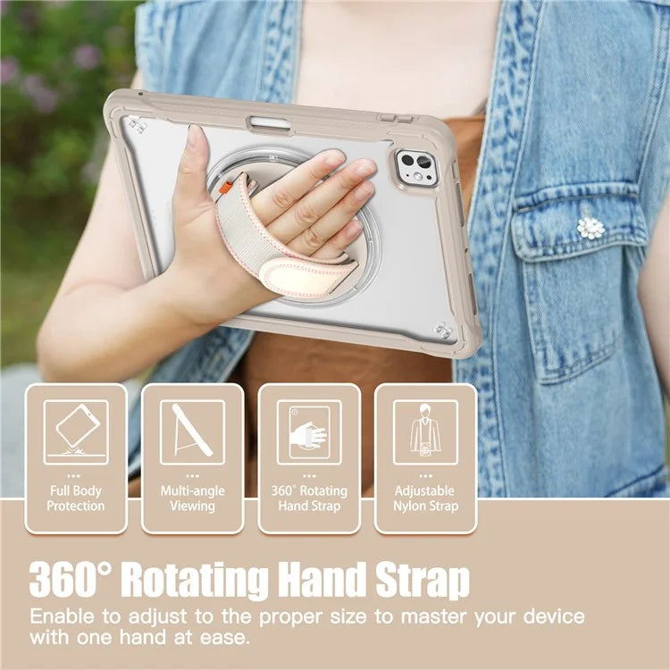 For iPad Pro 11 (2024) Case Kickstand PC+TPU+Silicone Tablet Cover with Rotary Hand Strap